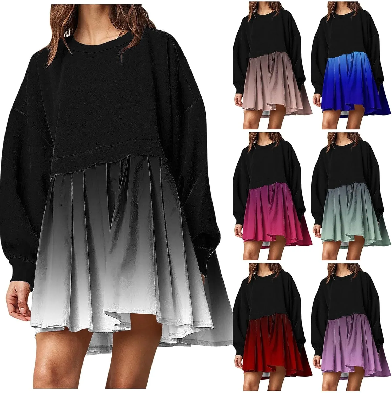 HGps8w Womens Gradient Oversized Sweatshirt Dress Crewneck Cute Patchwork Long Sleeve Pullover Flowy Pleated Mini Dress