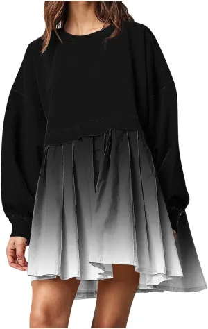 HGps8w Womens Gradient Oversized Sweatshirt Dress Crewneck Cute Patchwork Long Sleeve Pullover Flowy Pleated Mini Dress