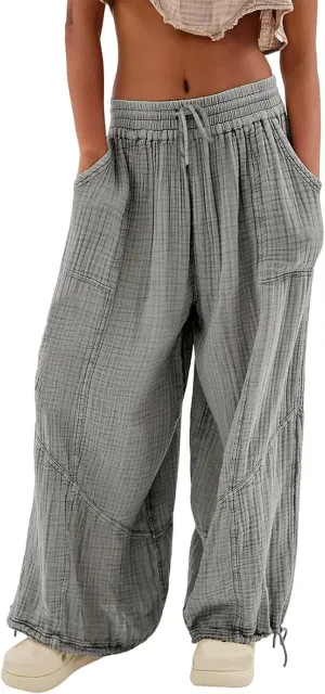 High Waist Baggy Cargo Linen Pants Women Pocket Fashion Casual Straight Wide Leg Y2K Cargo Pants Baggy Pant Plus Size
