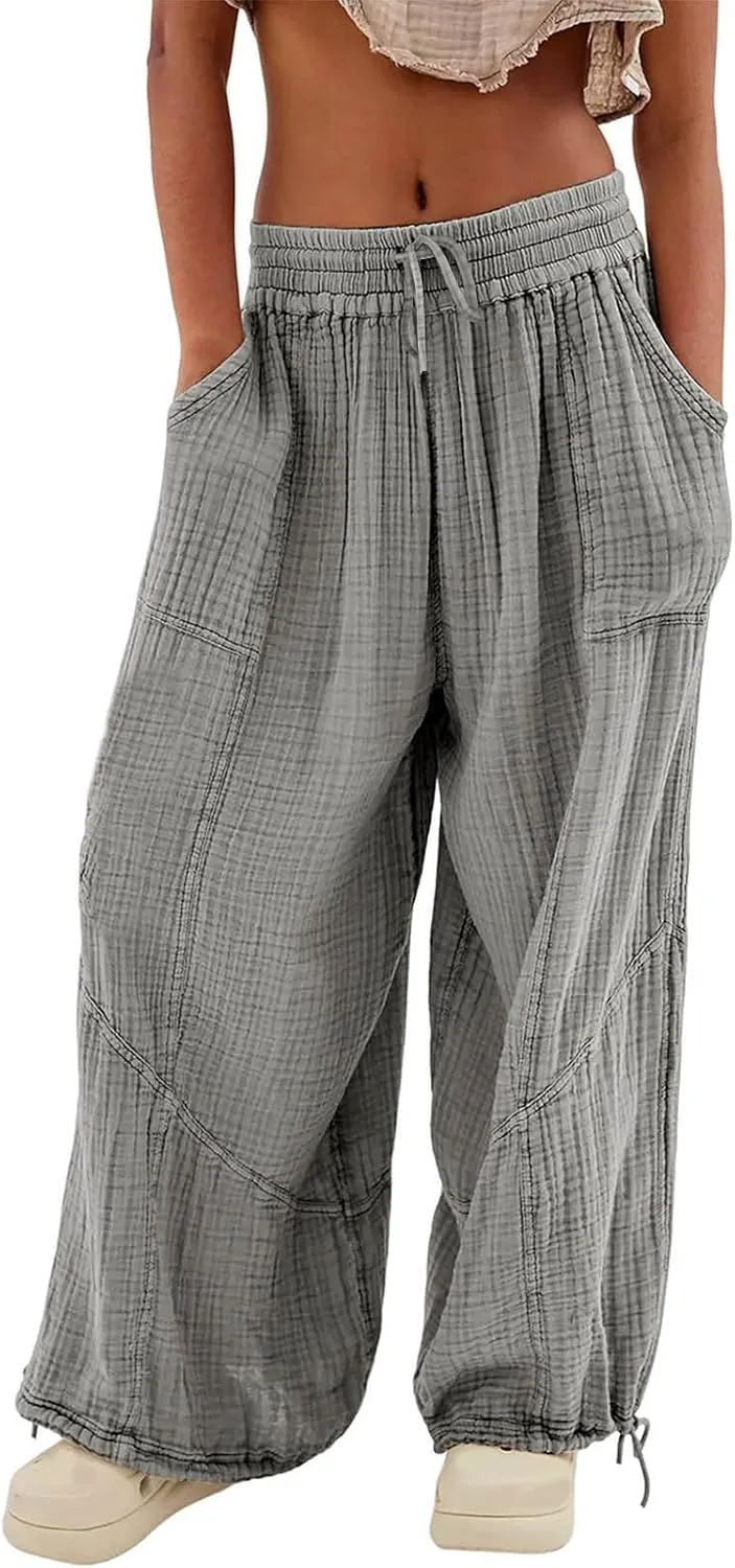 High Waist Baggy Cargo Linen Pants Women Pocket Fashion Casual Straight Wide Leg Y2K Cargo Pants Baggy Pant Plus Size
