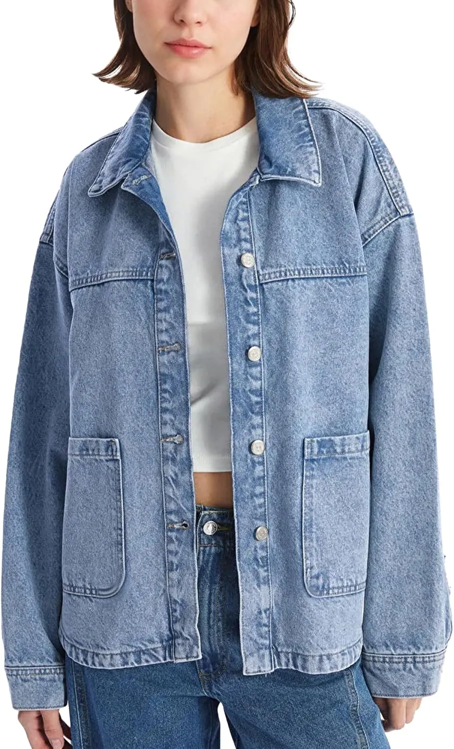 Hixiaohe Jean Jackets for Women Trendy Button Up Denim Shirt Jacket Oversized Long Sleeve Coat Fashion Clothes with Pockets
