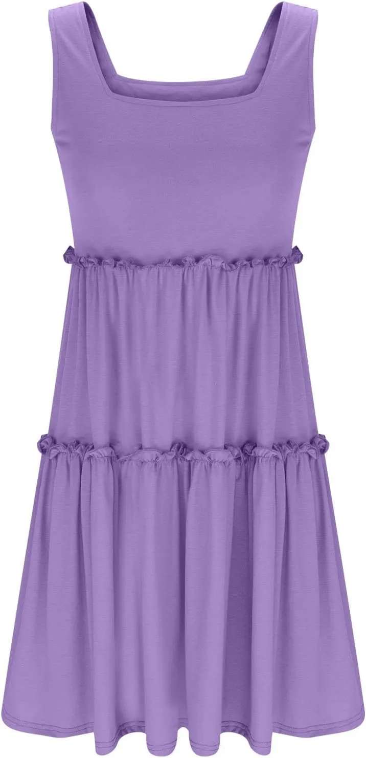 hlysgo Sundresses for Women Trendy Sleeveless Square Neck Tiered Mini Dress Casual Knee Length Beach Dresses Summer Clothes