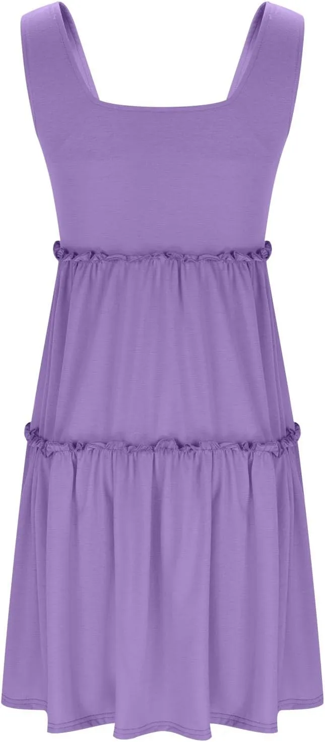 hlysgo Sundresses for Women Trendy Sleeveless Square Neck Tiered Mini Dress Casual Knee Length Beach Dresses Summer Clothes