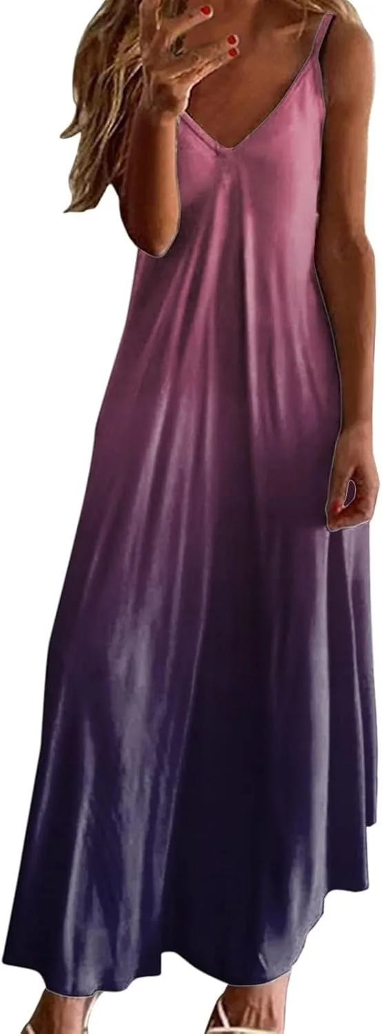 hlysgo V Neck Summer Dress for Women Boho Spaghetti Straps Long Dresses Casual Flowy Sundress A-Line Beach Dress