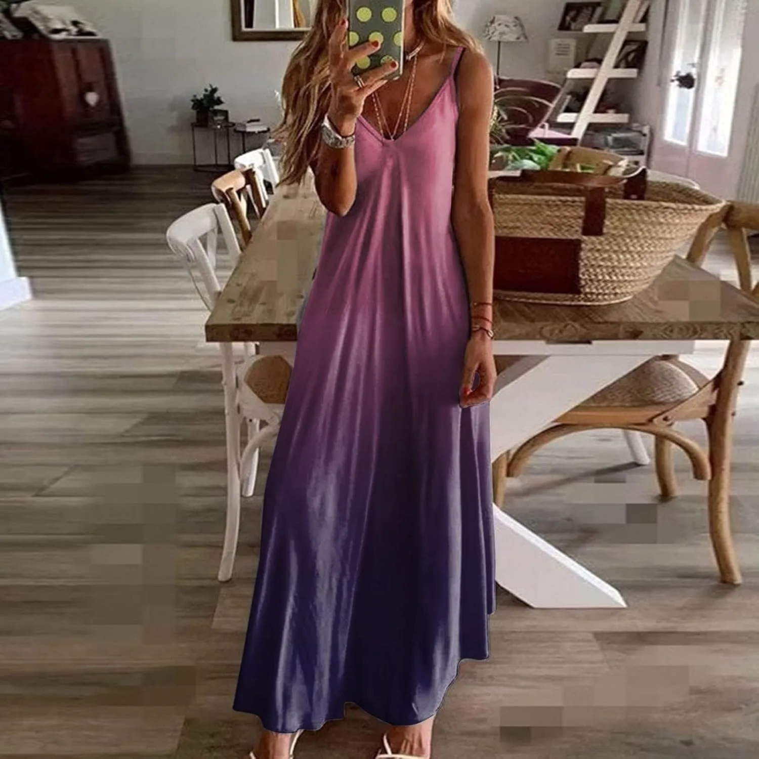 hlysgo V Neck Summer Dress for Women Boho Spaghetti Straps Long Dresses Casual Flowy Sundress A-Line Beach Dress