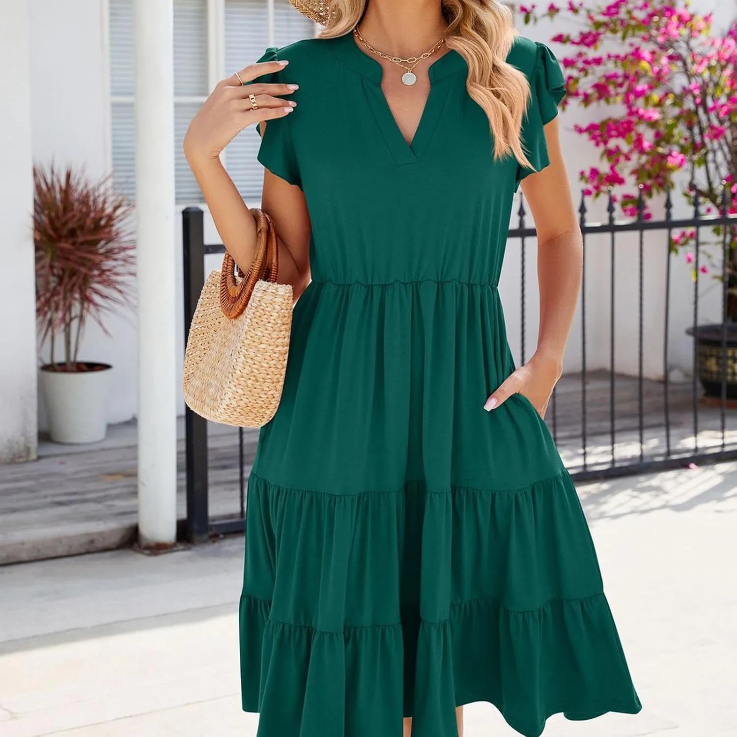 Holiday Ruffles Sleeve Boho Dress for Women Babydoll Collared V Neck Loose Swing Casual Short Tiered Mini Beach Dress