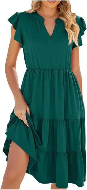 Holiday Ruffles Sleeve Boho Dress for Women Babydoll Collared V Neck Loose Swing Casual Short Tiered Mini Beach Dress