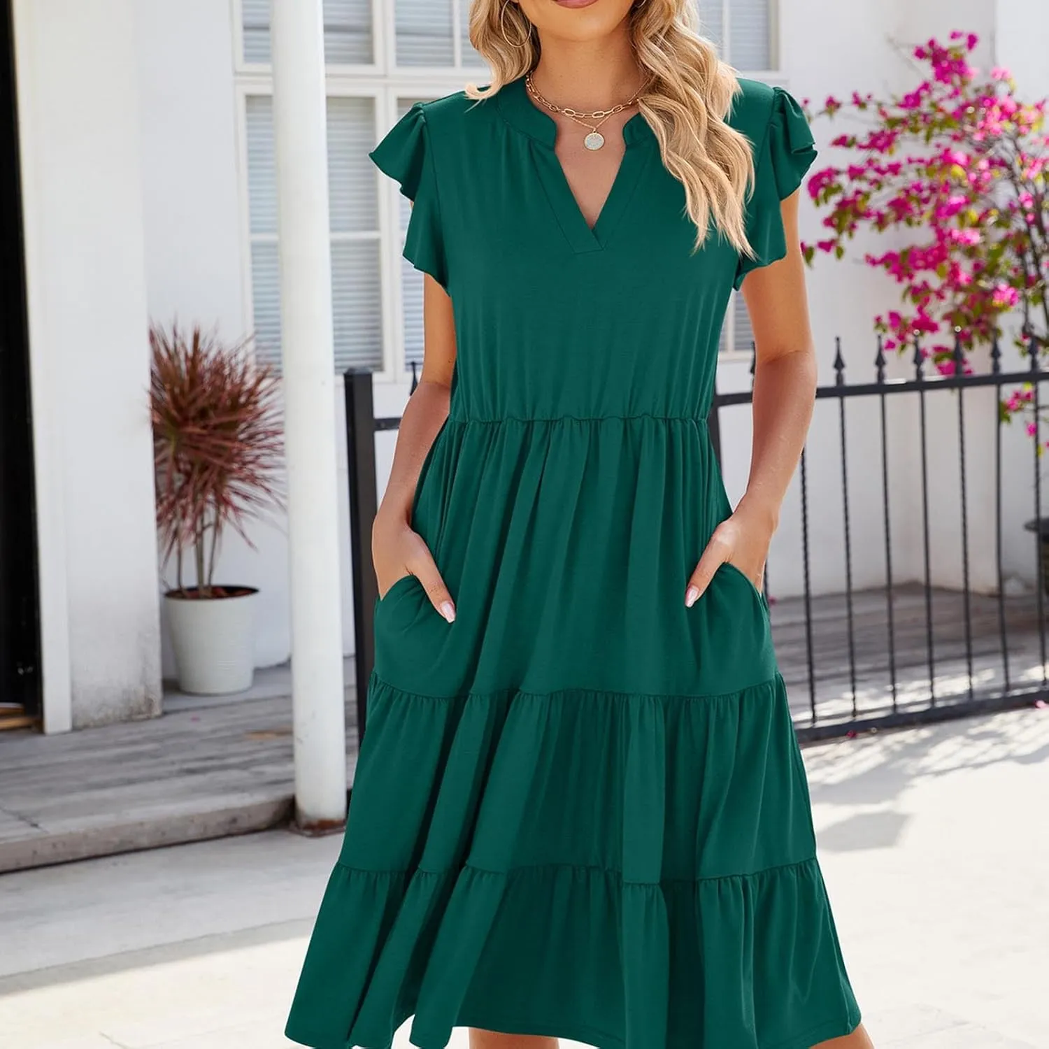 Holiday Ruffles Sleeve Boho Dress for Women Babydoll Collared V Neck Loose Swing Casual Short Tiered Mini Beach Dress