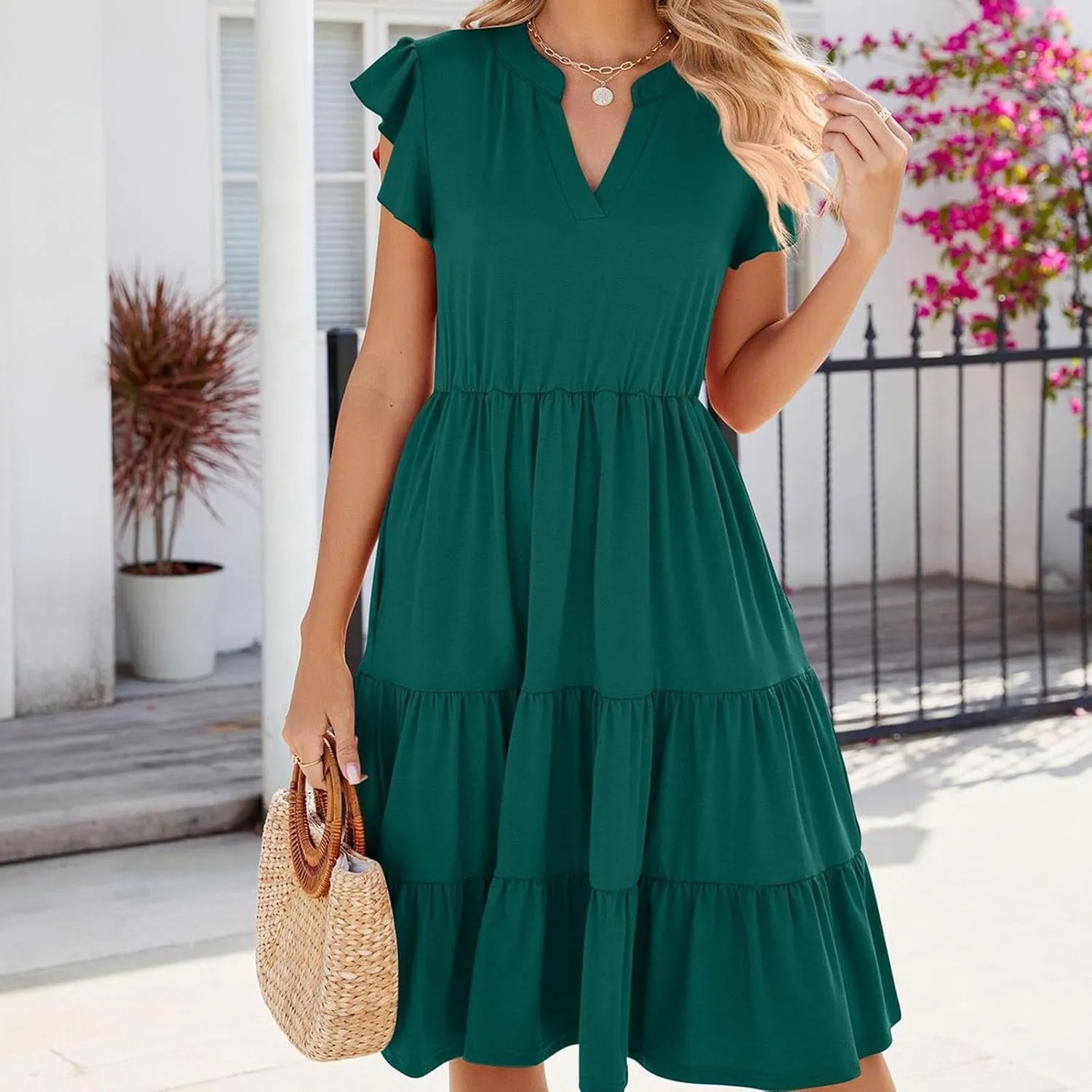 Holiday Ruffles Sleeve Boho Dress for Women Babydoll Collared V Neck Loose Swing Casual Short Tiered Mini Beach Dress