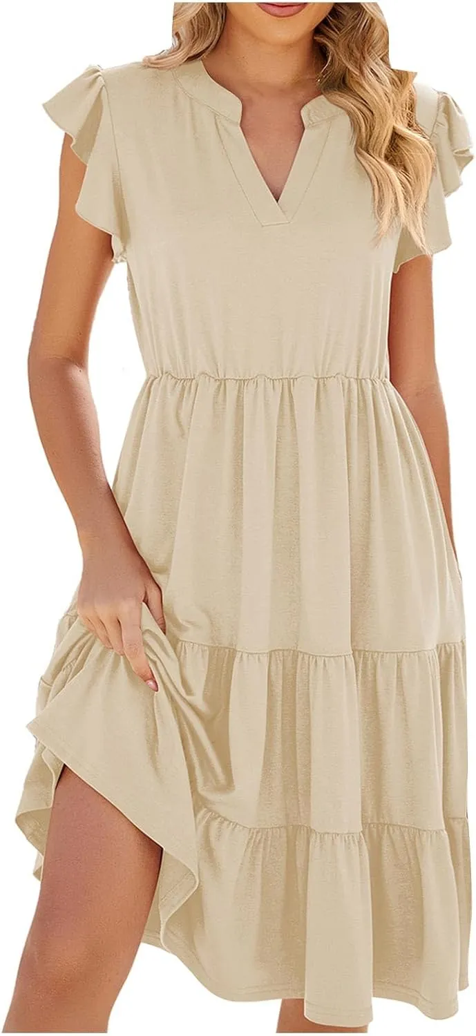 Holiday Ruffles Sleeve Boho Dress for Women Babydoll Collared V Neck Loose Swing Casual Short Tiered Mini Beach Dress