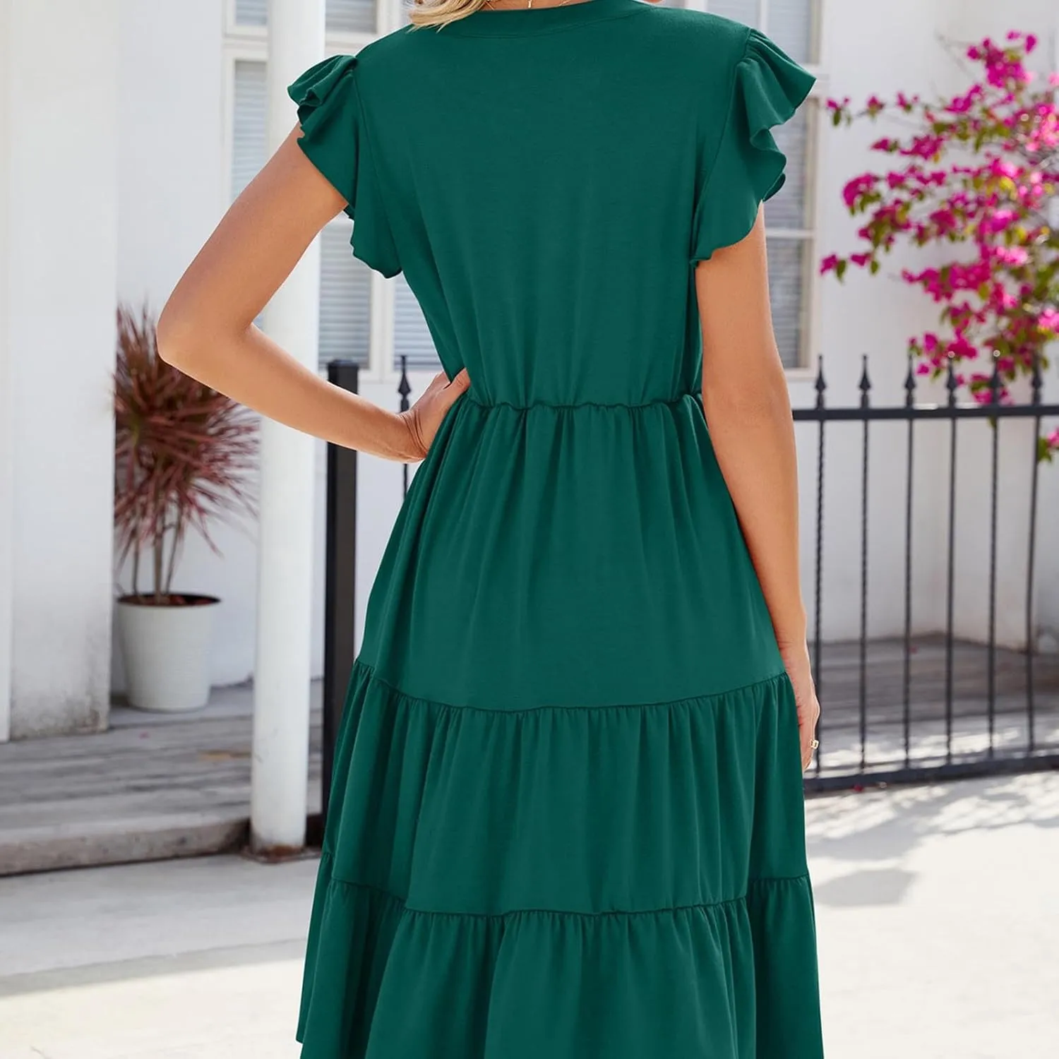 Holiday Ruffles Sleeve Boho Dress for Women Babydoll Collared V Neck Loose Swing Casual Short Tiered Mini Beach Dress