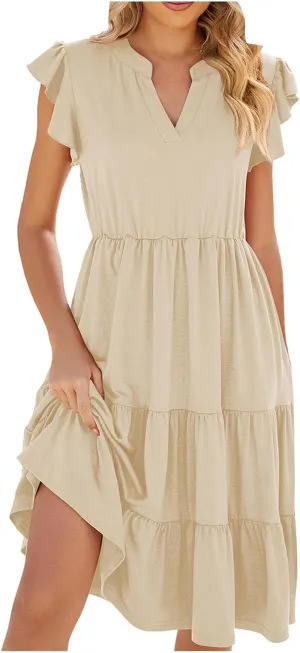 Holiday Ruffles Sleeve Boho Dress for Women Babydoll Collared V Neck Loose Swing Casual Short Tiered Mini Beach Dress