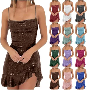 Homecoming Dress for Teens 2025 Spaghetti Straps Mini Dress Glitter Irregular Ruffle Hem Cocktail Party Dresses