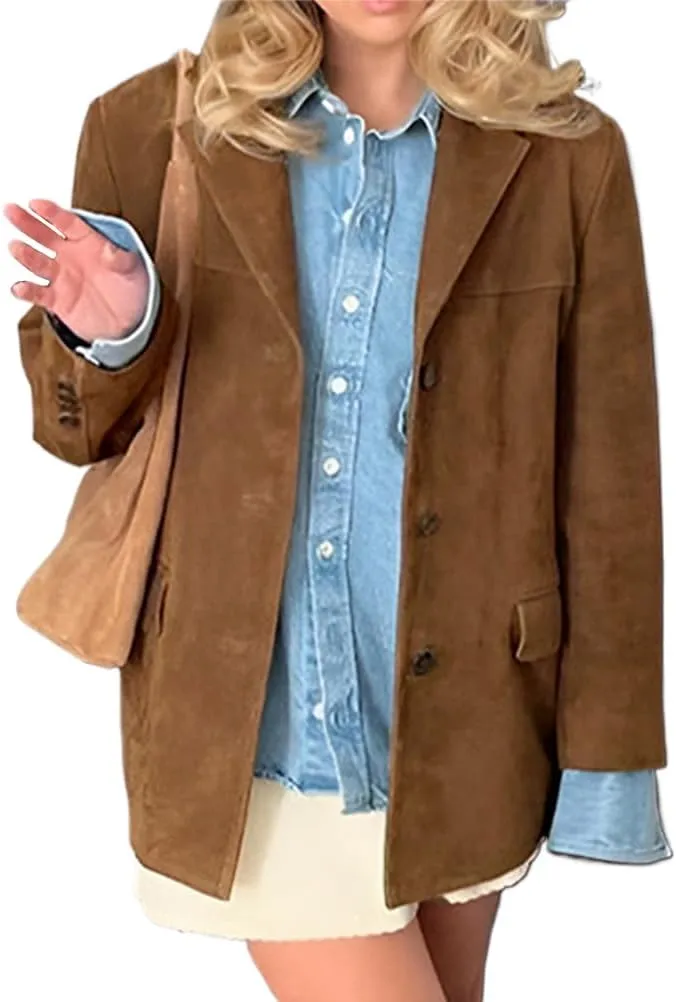 IDEALSANXUN Womens Suede Jacket Fall Winter Fashion Casual Oversized Faux Leather Blazer Jacket Trench Coat