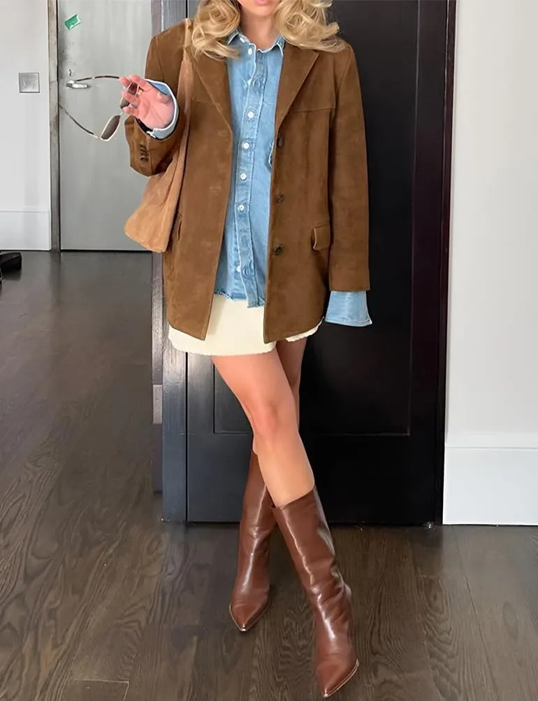 IDEALSANXUN Womens Suede Jacket Fall Winter Fashion Casual Oversized Faux Leather Blazer Jacket Trench Coat