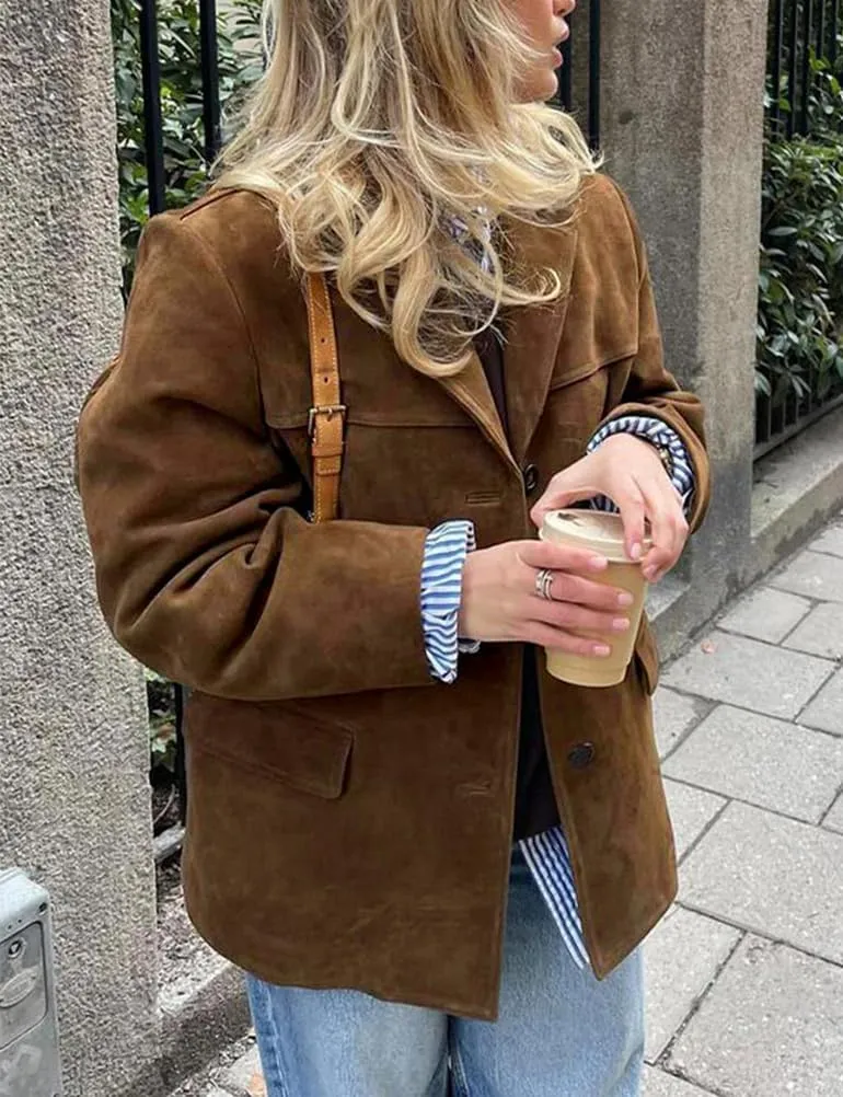 IDEALSANXUN Womens Suede Jacket Fall Winter Fashion Casual Oversized Faux Leather Blazer Jacket Trench Coat