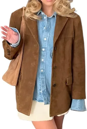 IDEALSANXUN Womens Suede Jacket Fall Winter Fashion Casual Oversized Faux Leather Blazer Jacket Trench Coat
