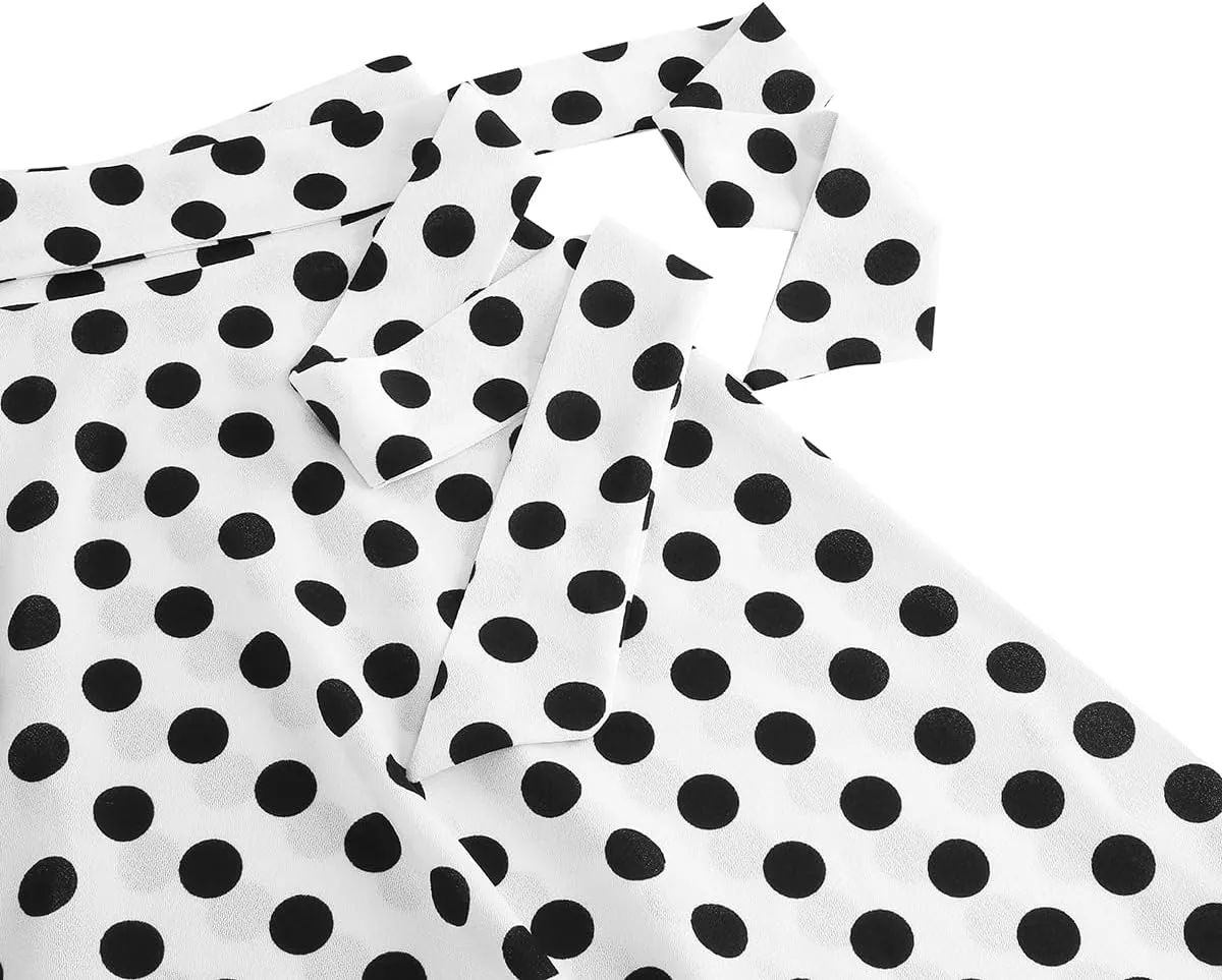 IDOPIP Women 50s Vintage Polka Dot Skirt High Waist A-Line Floral Swing Skirt Summer Elegant Cocktail Flowy Boho Belted Skirt
