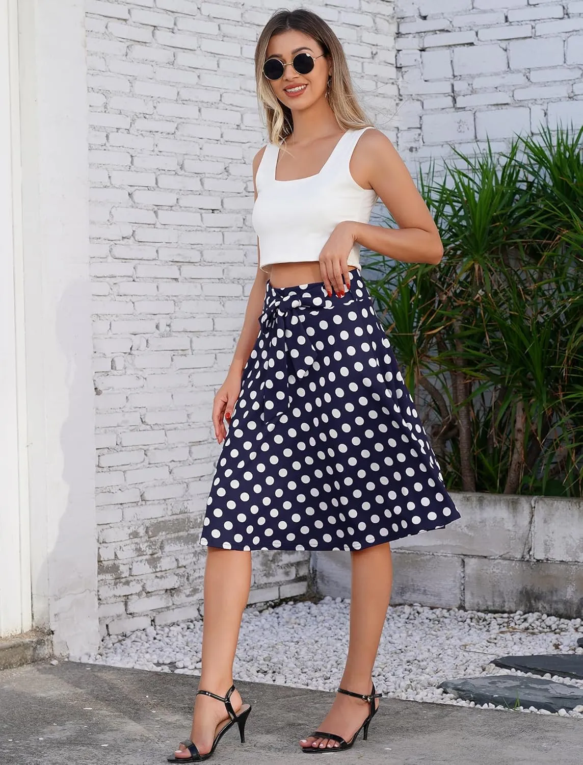 IDOPIP Women 50s Vintage Polka Dot Skirt High Waist A-Line Floral Swing Skirt Summer Elegant Cocktail Flowy Boho Belted Skirt