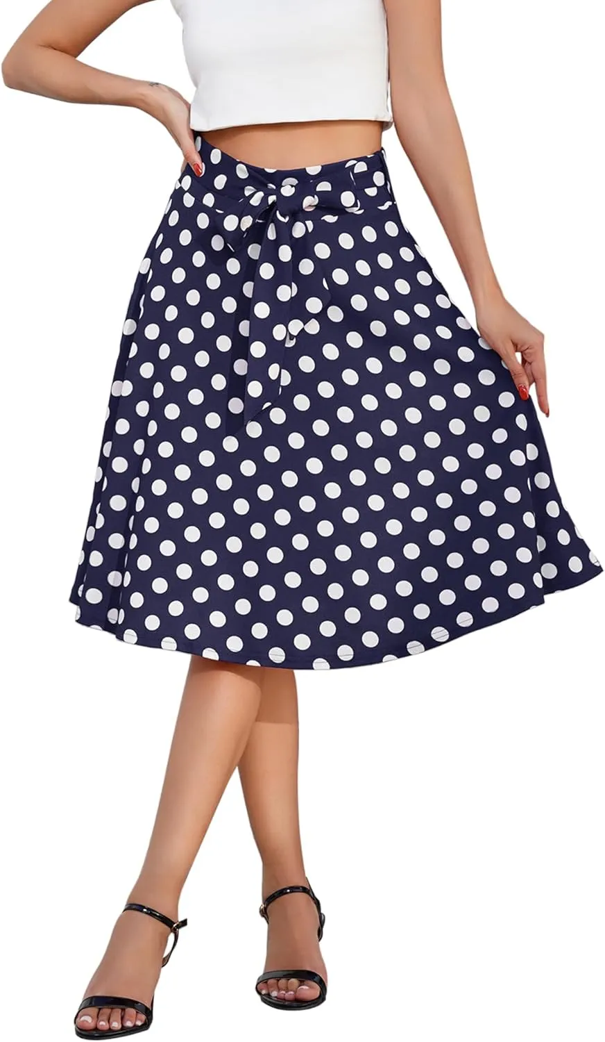 IDOPIP Women 50s Vintage Polka Dot Skirt High Waist A-Line Floral Swing Skirt Summer Elegant Cocktail Flowy Boho Belted Skirt