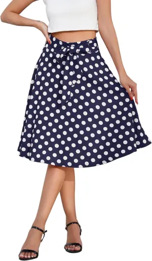 IDOPIP Women 50s Vintage Polka Dot Skirt High Waist A-Line Floral Swing Skirt Summer Elegant Cocktail Flowy Boho Belted Skirt