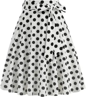 IDOPIP Women 50s Vintage Polka Dot Skirt High Waist A-Line Floral Swing Skirt Summer Elegant Cocktail Flowy Boho Belted Skirt