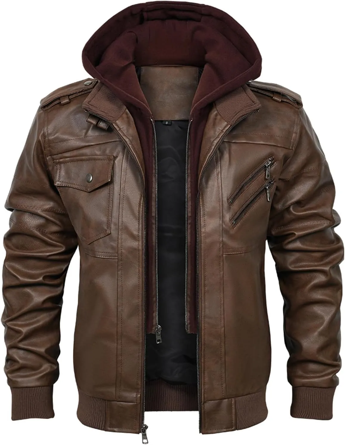 INVACHI Mens Leather Jacket Vintage Motorcycle Biker Jackets Faux Leather Outwear with Removable Hood