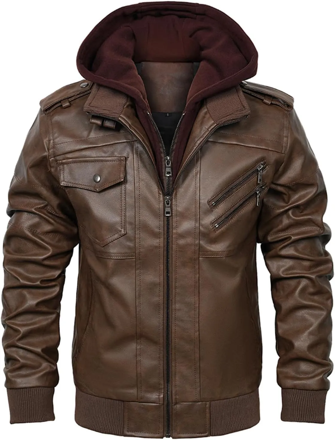 INVACHI Mens Leather Jacket Vintage Motorcycle Biker Jackets Faux Leather Outwear with Removable Hood