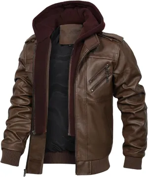 INVACHI Mens Leather Jacket Vintage Motorcycle Biker Jackets Faux Leather Outwear with Removable Hood