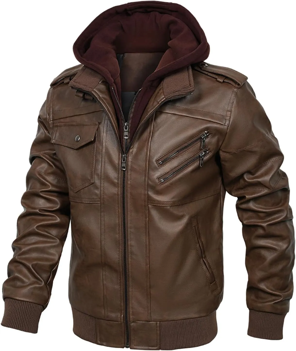 INVACHI Mens Leather Jacket Vintage Motorcycle Biker Jackets Faux Leather Outwear with Removable Hood