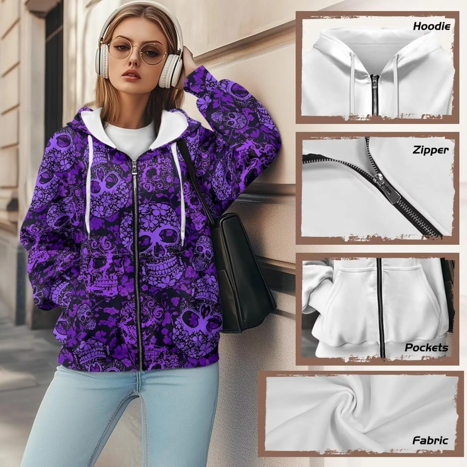 Irisjudy Gothic Thorn Rose Womens Oversized Sweatshirts Christmas Dachshund Zip Up Loose Hoodies Sugar Skull Workout Outfits