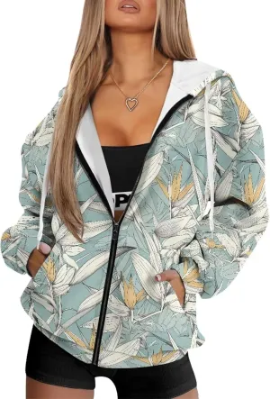 Irisjudy Loose Hoodies for Women Van Gogh Starry Night Zip Up Hoodie Y2k Hooded with Pocket Island Totem Oversized Sweatshirt