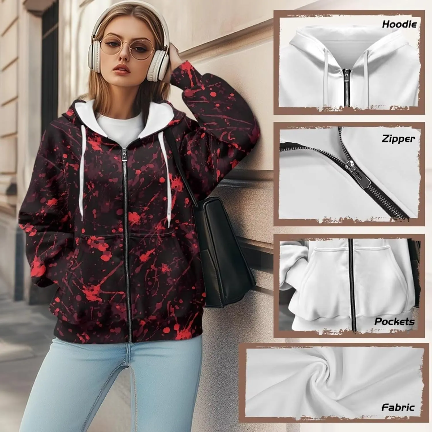 Irisjudy Loose Hoodies for Women Van Gogh Starry Night Zip Up Hoodie Y2k Hooded with Pocket Island Totem Oversized Sweatshirt