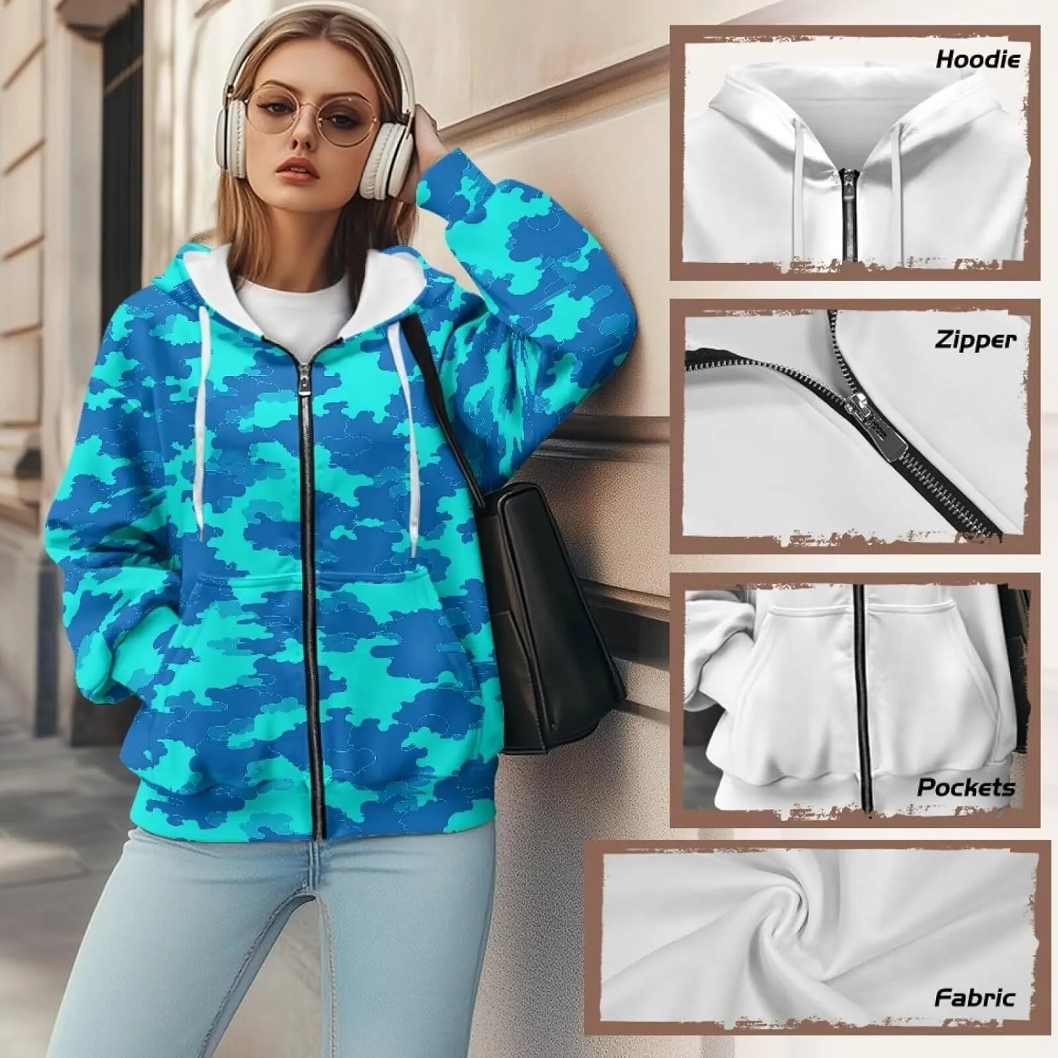 Irisjudy Loose Hoodies for Women Van Gogh Starry Night Zip Up Hoodie Y2k Hooded with Pocket Island Totem Oversized Sweatshirt