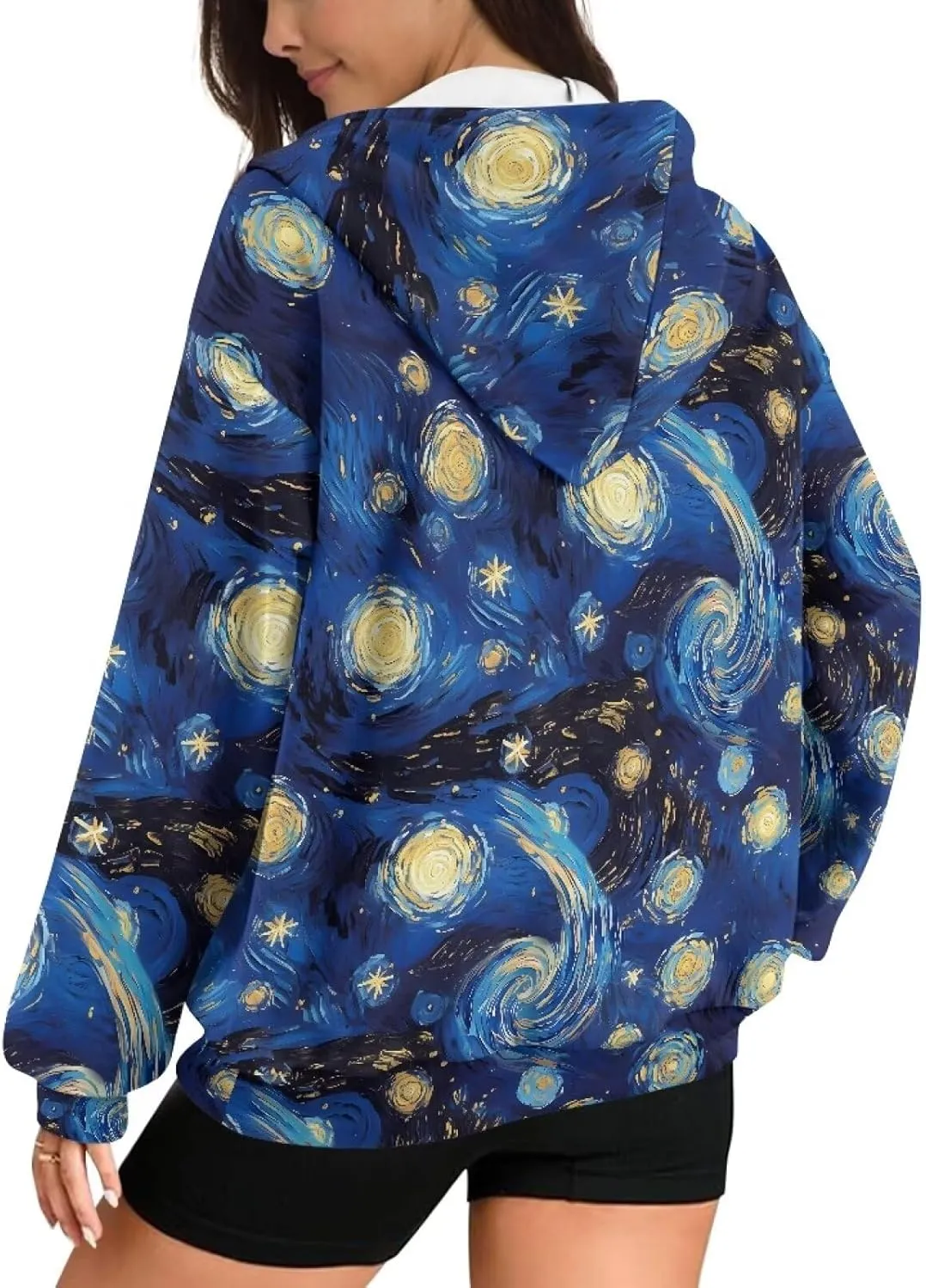 Irisjudy Loose Hoodies for Women Van Gogh Starry Night Zip Up Hoodie Y2k Hooded with Pocket Island Totem Oversized Sweatshirt
