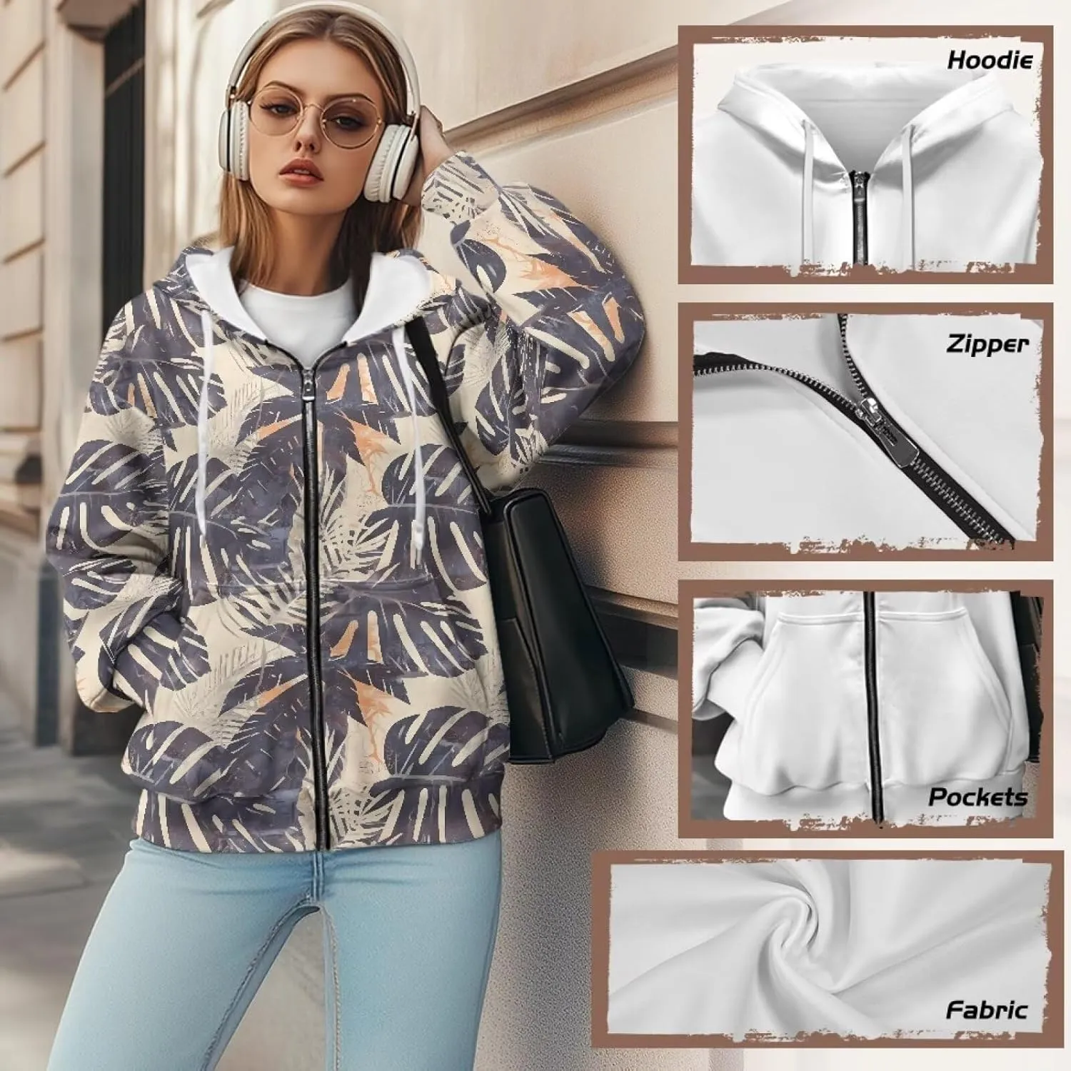 Irisjudy Loose Hoodies for Women Van Gogh Starry Night Zip Up Hoodie Y2k Hooded with Pocket Island Totem Oversized Sweatshirt
