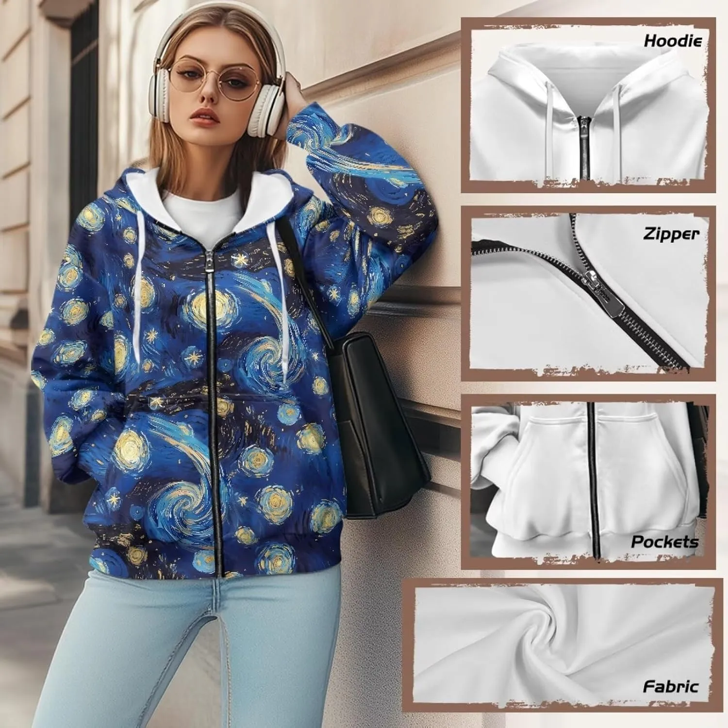 Irisjudy Loose Hoodies for Women Van Gogh Starry Night Zip Up Hoodie Y2k Hooded with Pocket Island Totem Oversized Sweatshirt