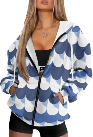 Irisjudy Loose Hoodies for Women Van Gogh Starry Night Zip Up Hoodie Y2k Hooded with Pocket Island Totem Oversized Sweatshirt