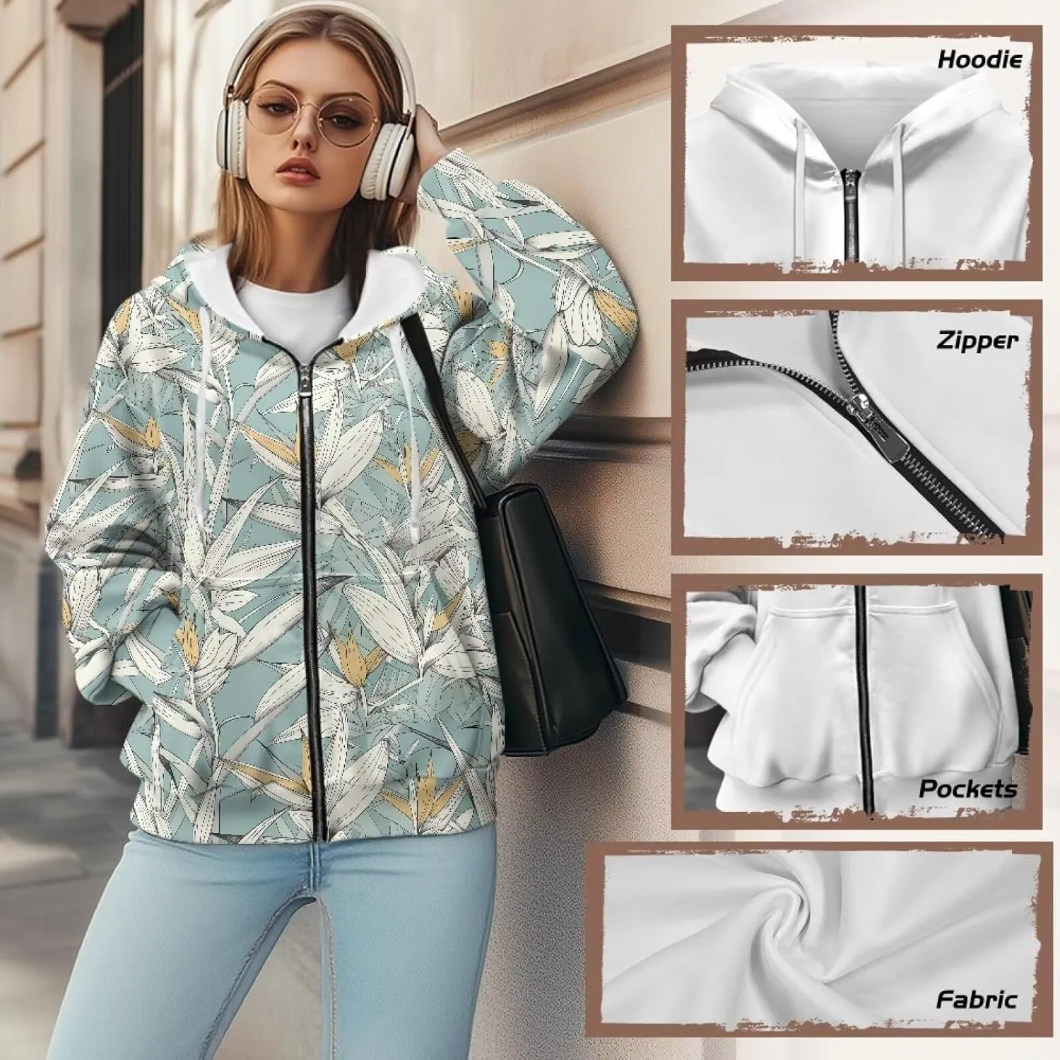 Irisjudy Loose Hoodies for Women Van Gogh Starry Night Zip Up Hoodie Y2k Hooded with Pocket Island Totem Oversized Sweatshirt