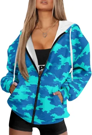 Irisjudy Loose Hoodies for Women Van Gogh Starry Night Zip Up Hoodie Y2k Hooded with Pocket Island Totem Oversized Sweatshirt