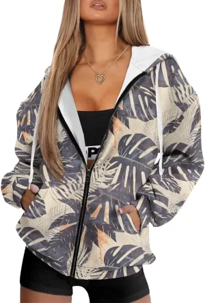 Irisjudy Loose Hoodies for Women Van Gogh Starry Night Zip Up Hoodie Y2k Hooded with Pocket Island Totem Oversized Sweatshirt