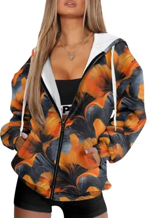 Irisjudy Skull Floral Women Zip Up Hoodie Sweatshirt Rainbow Tie Dye Fall Hooded Jacket Thanksgiving Turkey Oversized Hoodie