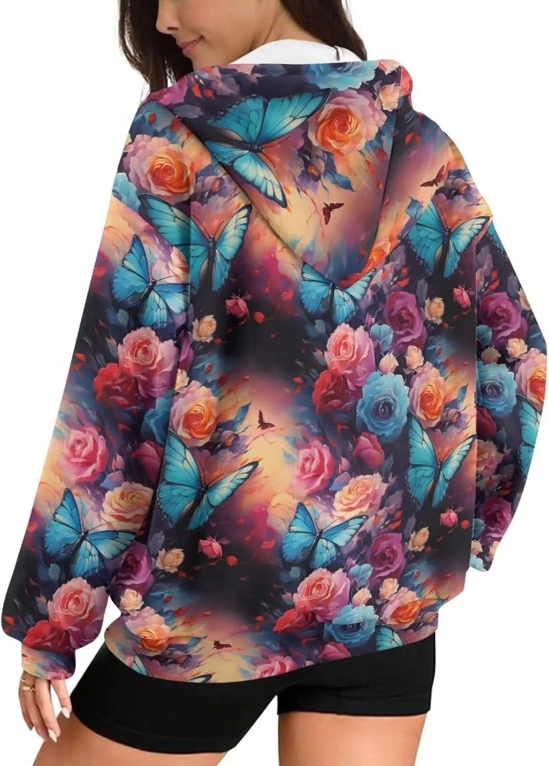 Irisjudy Skull Floral Women Zip Up Hoodie Sweatshirt Rainbow Tie Dye Fall Hooded Jacket Thanksgiving Turkey Oversized Hoodie