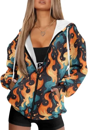 Irisjudy Skull Floral Women Zip Up Hoodie Sweatshirt Rainbow Tie Dye Fall Hooded Jacket Thanksgiving Turkey Oversized Hoodie