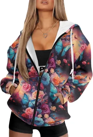 Irisjudy Skull Floral Women Zip Up Hoodie Sweatshirt Rainbow Tie Dye Fall Hooded Jacket Thanksgiving Turkey Oversized Hoodie