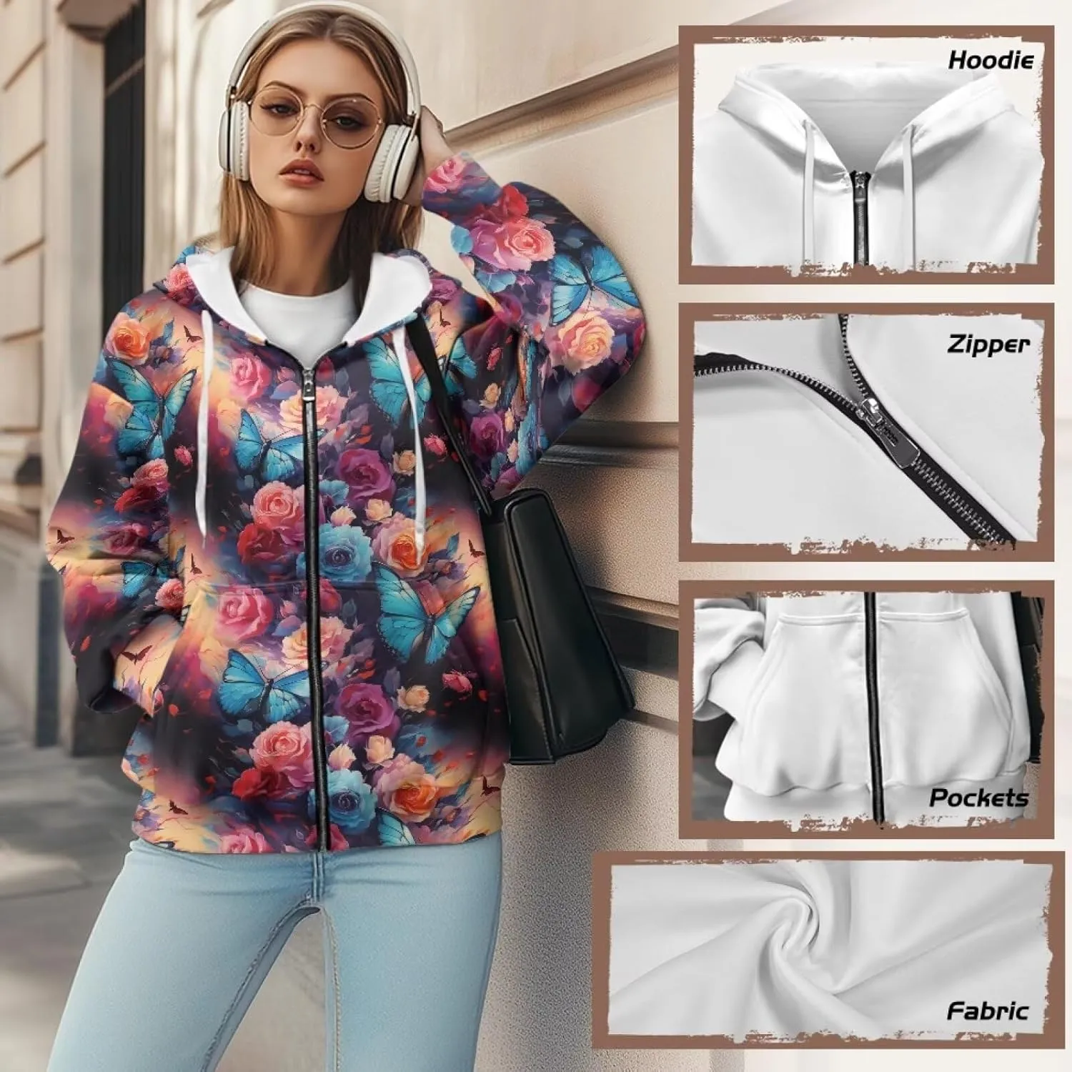 Irisjudy Skull Floral Women Zip Up Hoodie Sweatshirt Rainbow Tie Dye Fall Hooded Jacket Thanksgiving Turkey Oversized Hoodie