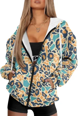 Irisjudy Skull Floral Women Zip Up Hoodie Sweatshirt Rainbow Tie Dye Fall Hooded Jacket Thanksgiving Turkey Oversized Hoodie