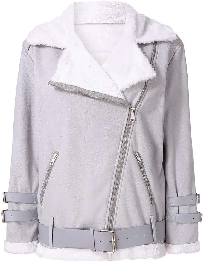 JOFOW Womens Suede Jackets Parka Lapel Fleece Collar Belted Flannel Lined Warm Loose Fashion Coats Plus Size XXL