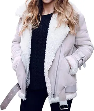 JOFOW Womens Suede Jackets Parka Lapel Fleece Collar Belted Flannel Lined Warm Loose Fashion Coats Plus Size XXL