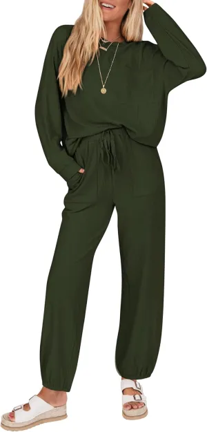 KIRUNDO Lounge Sets for Women Travel Airport Outfits Lightweight Tops Drawstring Pants Tracksuit Jogger Set Postpartum